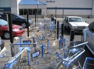 shopping carts piled up in parking lot